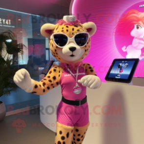 Pink Cheetah mascot costume character dressed with a Bikini and Smartwatches