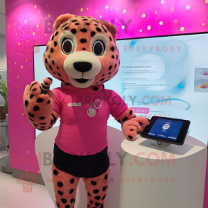 Pink Cheetah mascot costume character dressed with a Bikini and Smartwatches