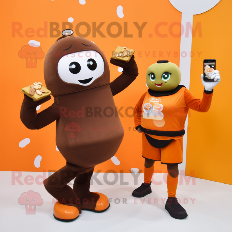 Orange Chocolate Bars mascot costume character dressed with a Turtleneck and Smartwatches