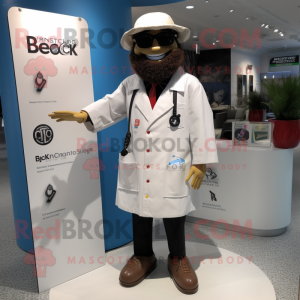 Black Doctor mascot costume character dressed with a Board Shorts and Berets