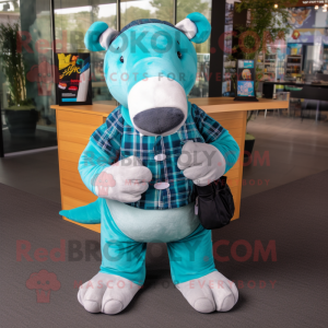 Teal Tapir mascot costume character dressed with a Flannel Shirt and Backpacks