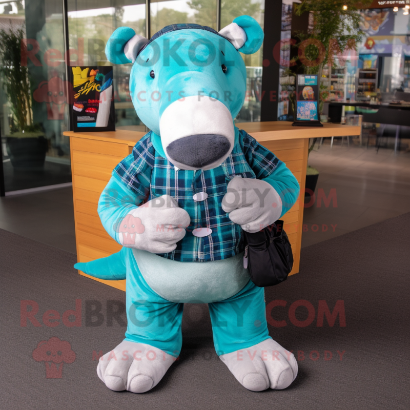 Teal Tapir mascot costume character dressed with a Flannel Shirt and Backpacks Teal Tapir mascot costume character dressed with a Flannel Shirt and Backpacks