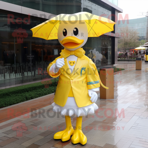 Lemon Yellow Swans mascot costume character dressed with a Raincoat and Bow ties