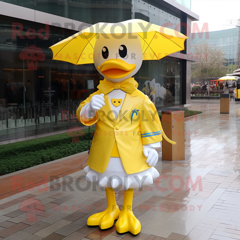 Lemon Yellow Swans mascot costume character dressed with a Raincoat and Bow ties Lemon Yellow Swans mascot costume character dressed with a Raincoat and Bow ties