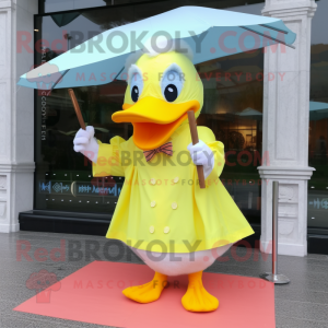 Lemon Yellow Swans mascot costume character dressed with a Raincoat and Bow ties