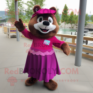 Magenta Beaver mascot costume character dressed with a Skirt and Gloves