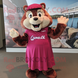 Magenta Beaver mascot costume character dressed with a Skirt and Gloves