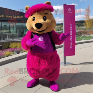 Magenta Beaver mascot costume character dressed with a Skirt and Gloves