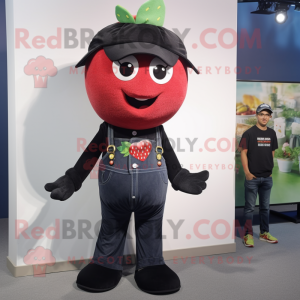 Black Strawberry mascot costume character dressed with a Jeans and Suspenders