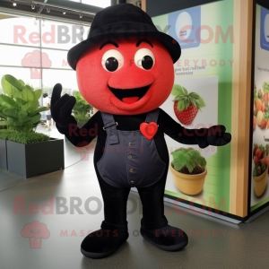Black Strawberry mascot costume character dressed with a Jeans and Suspenders