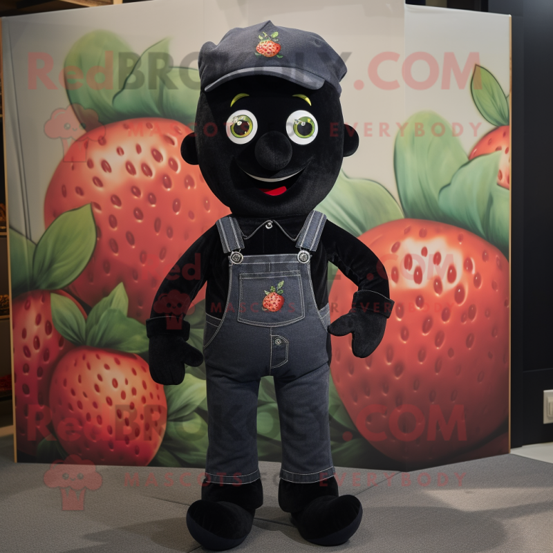 Black Strawberry mascot costume character dressed with a Jeans and Suspenders Black Strawberry mascot costume character dressed with a Jeans and Suspenders