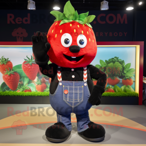 Black Strawberry mascot costume character dressed with a Jeans and Suspenders