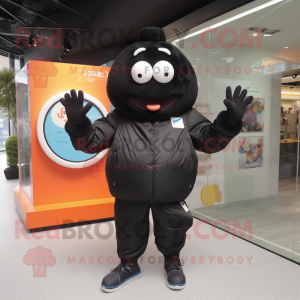 Black Fried Rice mascot costume character dressed with a Windbreaker and Rings