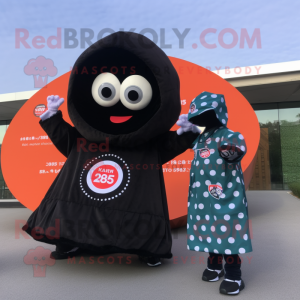 Black Fried Rice mascot costume character dressed with a Windbreaker and Rings