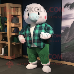 Forest Green Beluga Whale mascot costume character dressed with a Flannel Shirt and Gloves