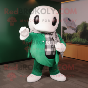 Forest Green Beluga Whale mascot costume character dressed with a Flannel Shirt and Gloves