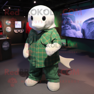 Forest Green Beluga Whale mascot costume character dressed with a Flannel Shirt and Gloves