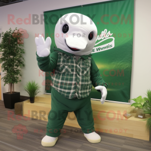 Forest Green Beluga Whale mascot costume character dressed with a Flannel Shirt and Gloves