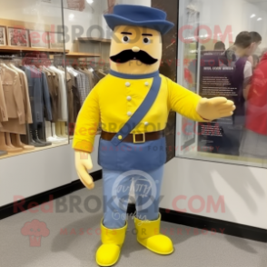 Yellow Civil War Soldier mascot costume character dressed with a Denim Shorts and Shoe clips