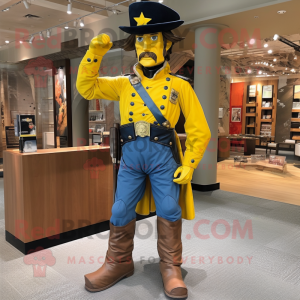 Yellow Civil War Soldier mascot costume character dressed with a Denim Shorts and Shoe clips