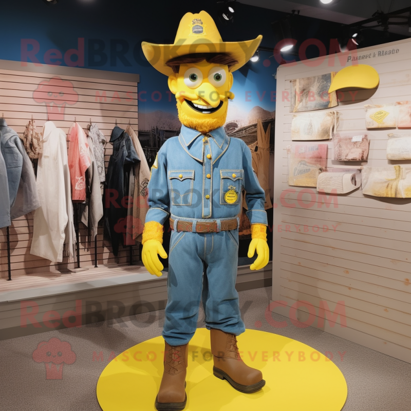 Yellow Civil War Soldier mascot costume character dressed with a Denim Shorts and Shoe clips