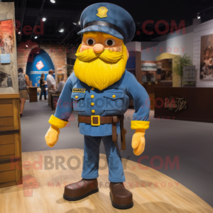 Yellow Civil War Soldier mascot costume character dressed with a Denim Shorts and Shoe clips