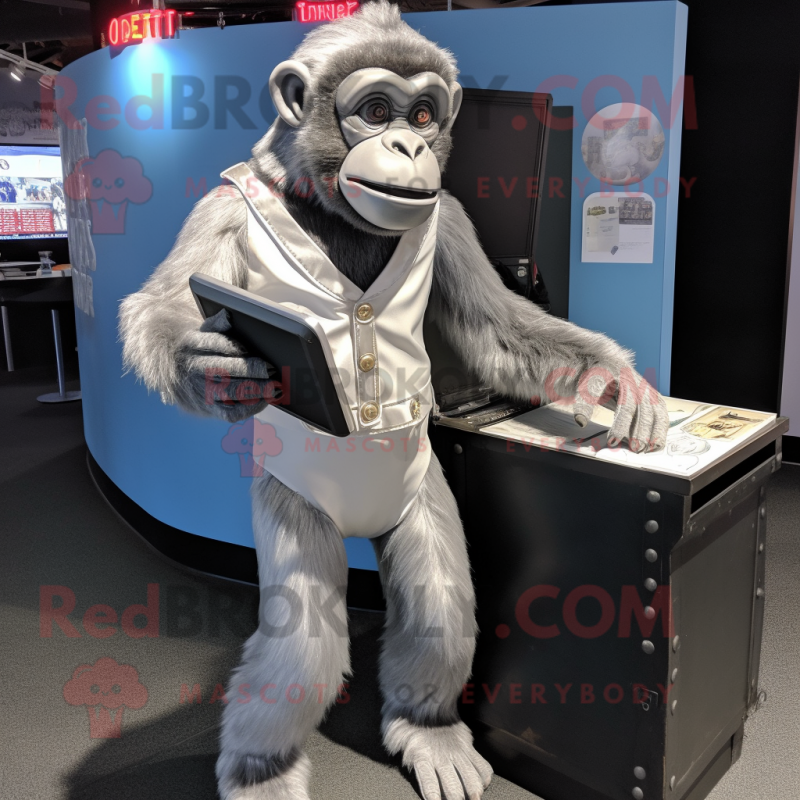 Silver Chimpanzee mascot costume character dressed with a A-Line Dress and Briefcases