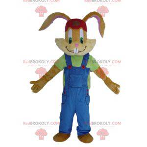 Bruin konijn mascotte met een mooie blauwe overall -
