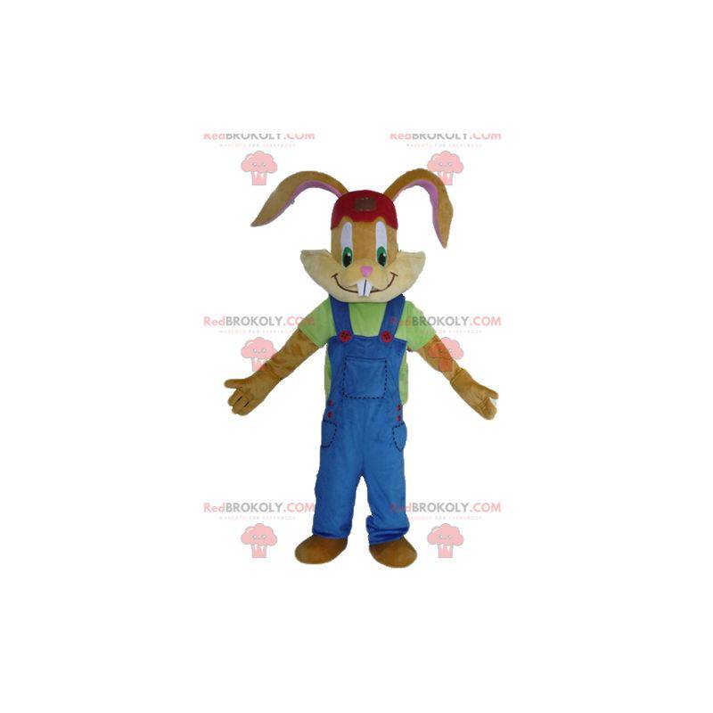 Brown rabbit mascot with a beautiful blue overalls -