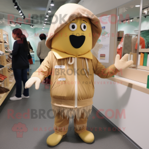 Tan Mango mascot costume character dressed with a Parka and Shoe laces