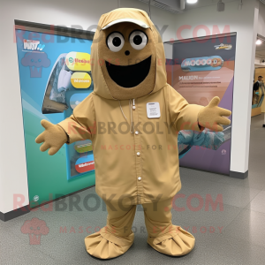 Tan Mango mascot costume character dressed with a Parka and Shoe laces