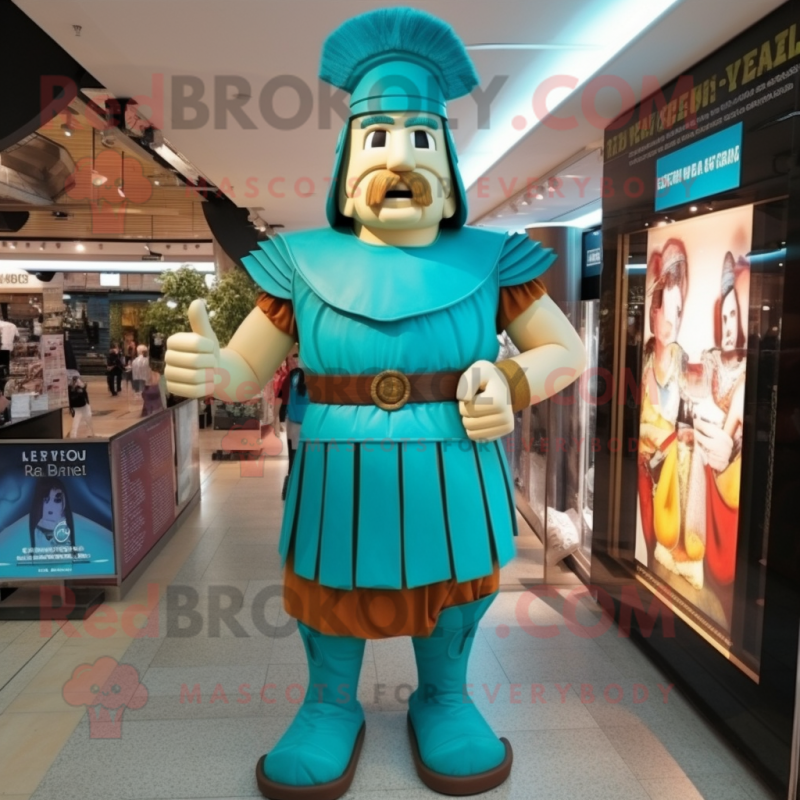 Turquoise Roman Soldier mascot costume character dressed with a Evening Gown and Suspenders