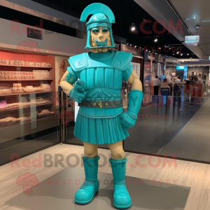 Turquoise Roman Soldier mascot costume character dressed with a Evening Gown and Suspenders