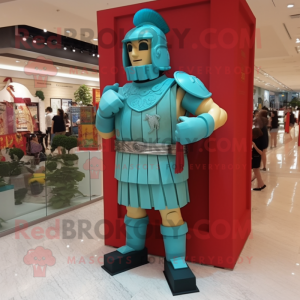 Turquoise Roman Soldier mascot costume character dressed with a Evening Gown and Suspenders