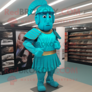 Turquoise Roman Soldier mascot costume character dressed with a Evening Gown and Suspenders