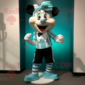Turquoise Mime mascot costume character dressed with a Running Shorts and Bow ties