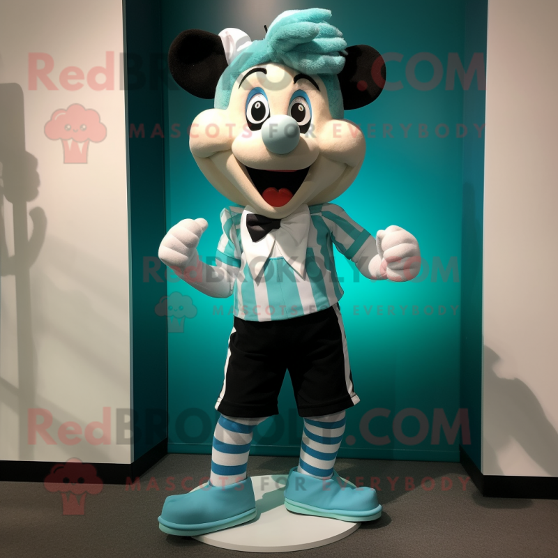 Turquoise Mime mascot costume character dressed with a Running Shorts and Bow ties