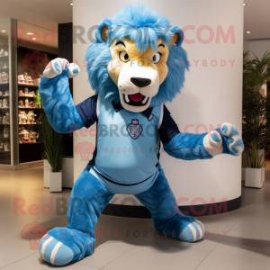 Blue Tamer Lion mascot costume character dressed with a Henley Tee and Foot pads