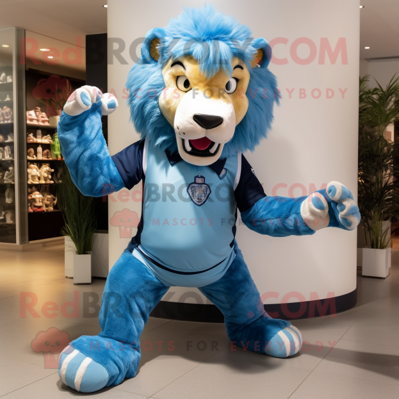 Blue Tamer Lion mascot costume character dressed with a Henley Tee and Foot pads Blue Tamer Lion mascot costume character dressed with a Henley Tee and Foot pads