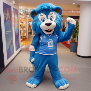 Blue Tamer Lion mascot costume character dressed with a Henley Tee and Foot pads