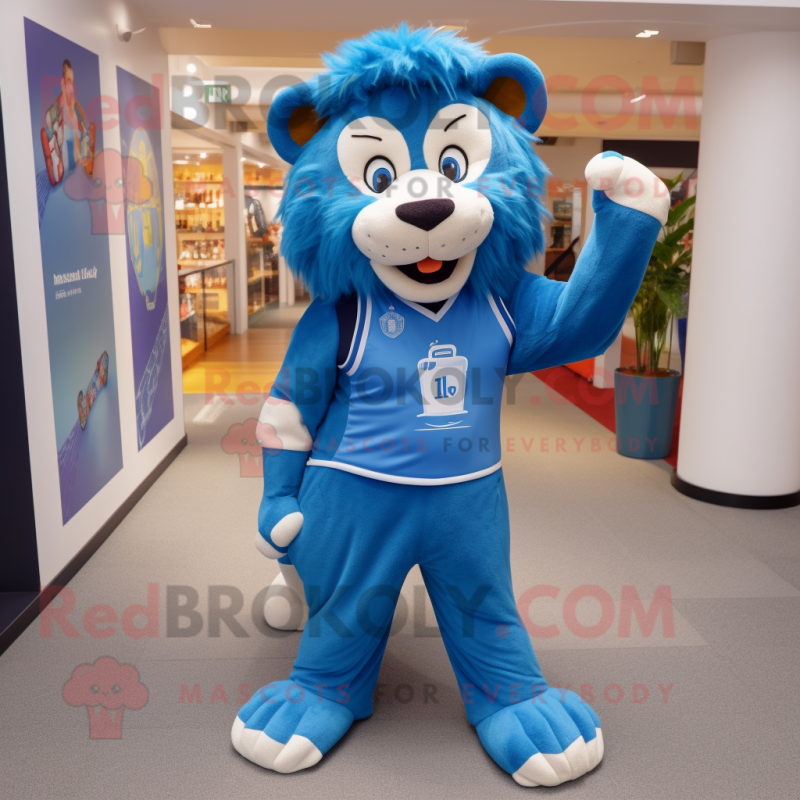 Blue Tamer Lion mascot costume character dressed with a Henley Tee and Foot pads Blue Tamer Lion mascot costume character dressed with a Henley Tee and Foot pads