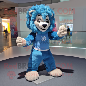 Blue Tamer Lion mascot costume character dressed with a Henley Tee and Foot pads