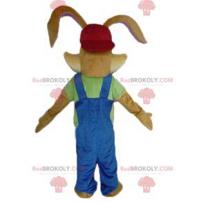 Bruin konijn mascotte met een mooie blauwe overall -