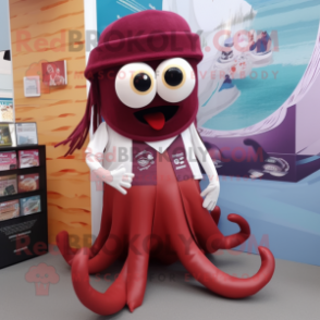 Maroon Squid mascot costume character dressed with a Skirt and Pocket squares