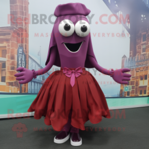 Maroon Squid mascot costume character dressed with a Skirt and Pocket squares