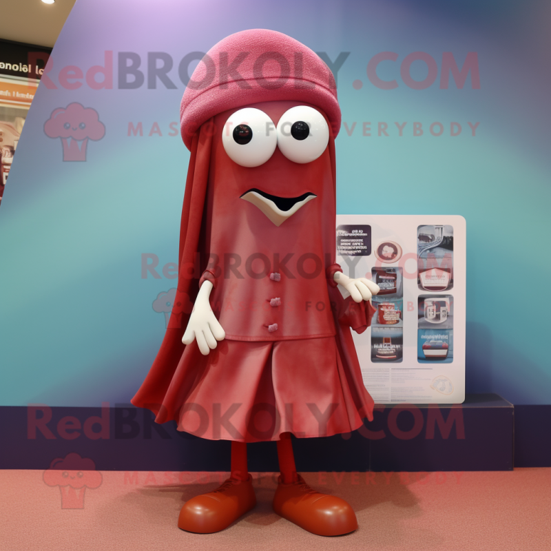 Maroon Squid mascot costume character dressed with a Skirt and Pocket squares Maroon Squid mascot costume character dressed with a Skirt and Pocket squares