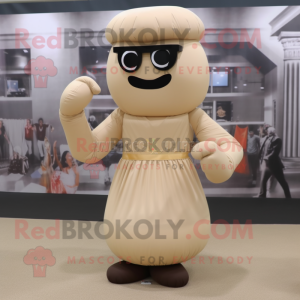 Beige Boxing Glove mascot costume character dressed with a Empire Waist Dress and Eyeglasses
