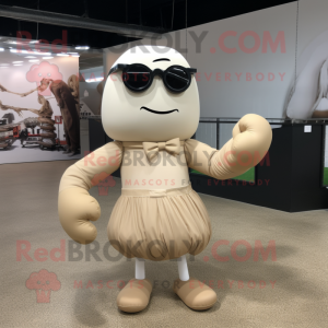 Beige Boxing Glove mascot costume character dressed with a Empire Waist Dress and Eyeglasses