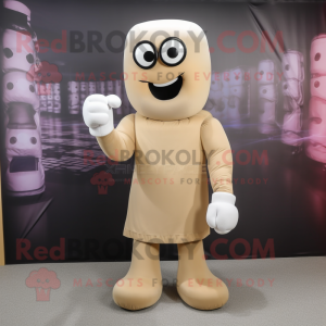 Beige Boxing Glove mascot costume character dressed with a Empire Waist Dress and Eyeglasses