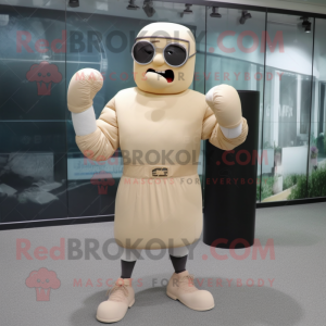 Beige Boxing Glove mascot costume character dressed with a Empire Waist Dress and Eyeglasses